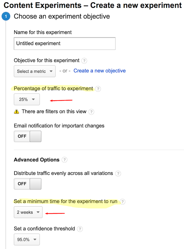 Impostazioni Google Content Experiments